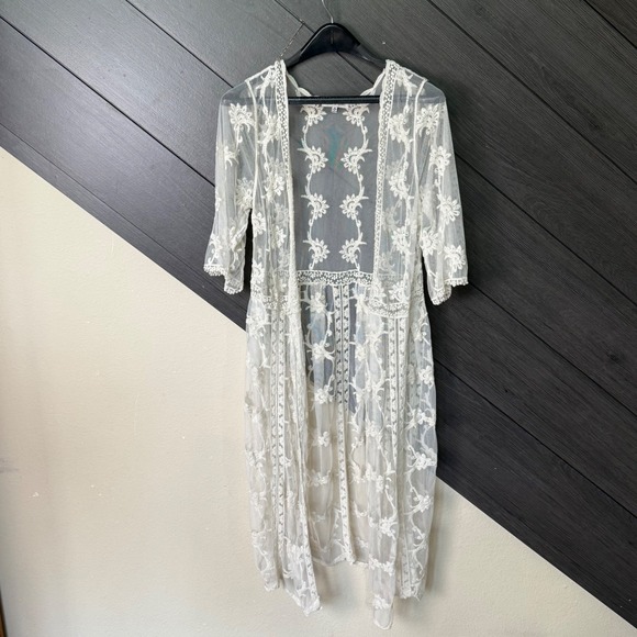 Woven Heart Sweaters - Woven Heart Women's Sheer Lace Floral Embroidered Duster Cardigan Small BOHO